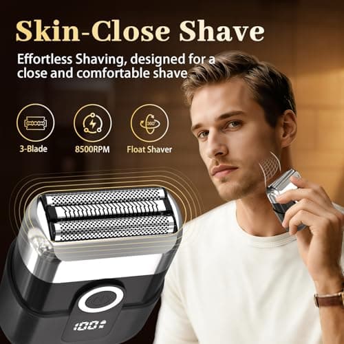 HENZILO Electric Foil Shaver for Men: Mini Electric Razor for Face/Beard - 3 Floating Blades Cordless Razor with LED Display - IPX7 Waterproof Wet Dry Shaving for Travel & Home, USB Type C - Thumbnail 3