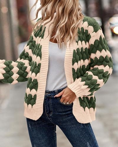 KIRUNDO Women Cardigan Oversized Puff Sleeve Open Front Striped Color Block Cable Knitted Cardigans Fashion Chunky Winter Sweater Coats Fall Clothes 2026(Army Green, Medium) - Thumbnail 4
