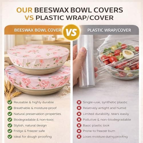 Sourdough Bowl Cover 12 Inch, Beeswax Bowl Covers for Bread Proofing, Reusable Cotton Food Covers for Mixing Bowls, Stretch Fit Covers for Dough Proofing, Kitchen Storage, 2 Pack - Thumbnail 3