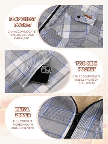 ZITY Men's Zipper Hoodies Flannel Shirt Jacket Plaid Cotton Hoodie Berber Lined Polyfill Insulated - Thumbnail 6