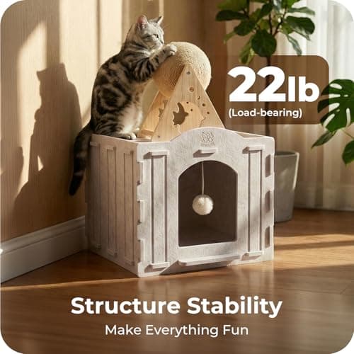 Apasiri Cat Bed Cave for Indoor Cats: New Felt Cat Bed with Fluffy Ball, Foldable Cat House with Scratch-Resistant Board, Hideaway Cat Cave for Timid Cats, Sturdy Two-Tier Cat Condo & Cat Houses - Thumbnail 3