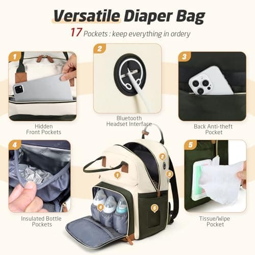 Tonyeee Diaper Bag Backpack - Extra Large Diaper Bag for 2 Kids Twin, Travel Baby Bags for Mom Dad 25-37L Expandable with Changing Pad Earphone Hole, Apricot Green - Thumbnail 4