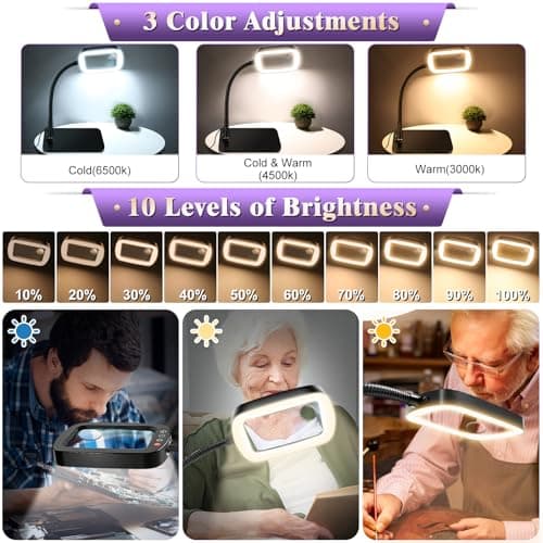 10X 30X Large Magnifying Glass with Light and Stand, 5-inch Lighted Magnifier, 72 LED 3 Color Modes Stepless Dimmable, Hands-Free Magnifying Glass Desk Lamp for Reading Craft Hobby Close Work - Thumbnail 5