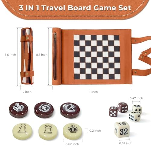 Woodronic Travel Backgammon Set 3 in 1 Chess & Checkers Board Game for Teens Adults Roll Up Leather Portable Games with 32 Premium Pearl Pieces 5 Dice 11x8.5 Inch Family Travel Gift - Thumbnail 2