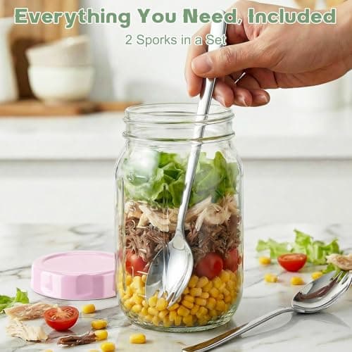Salad Jars with Lids Meal Prep Containers Glass - 32oz Leakproof Mason Jars Salad Containers with Dressing Cup for Lunch Bentgo, Full Meal Salads Lunch Containers with Spoon Forks for Adults - Thumbnail 4