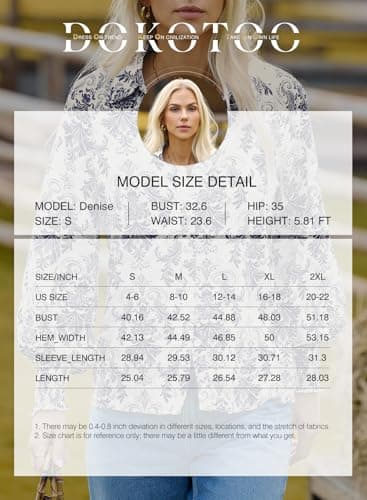 Dokotoo Womens Ladies Plus Size Tops for Women Long Sleeve Shirts Trendy V Neck Chiffon Button Down Blouses for Women Dressy Casual Allover Print Shirts Work Business Bohemian Tops X-Large Khaki - Thumbnail 4