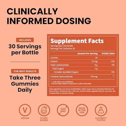 WellPath Creatine HCl Gummies 750mg – Chewable Creatine Gummies for Women and Men – 5g Monohydrate Equivalent - Peach Yuzu Tart Flavor, Real Sugar - Cognitive & Performance Support – Non-GMO, 90ct - Thumbnail 2