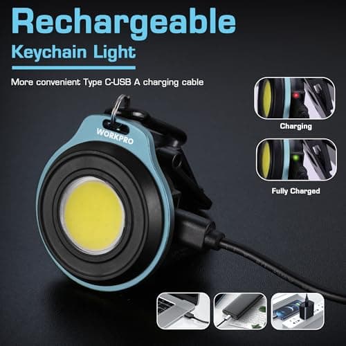 WORKPRO COB Keychain Work Light, Rechargeable Magnetic EDC Keychain Flashlight, Mini Pocket Carabiner Flashlight with Hat Clip, 3 Light Modes Emergency Light for Camping, Hiking and Fishing, Blue - Thumbnail 6
