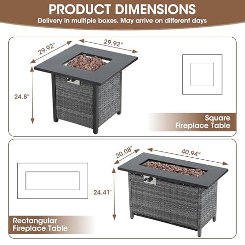 Domvaranique 6 Piece Patio Furniture Set with Fire Pit, Grey Wicker Outdoor Conversation Set with 2 Swivel Rocker Chairs, Sofa, 2 Ottomans and Rectangular 60,000 BTU Fire Pit Table for Porch, Deck - Thumbnail 2