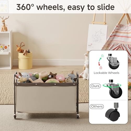 StorageWorks Toy Box with Wheels for Kids, 135L Large Toy Storage Chest and Organizer, 23" Metal Toybox with 360° Swivel Wheels for Bedroom, Kids Room, Stuffed Animal Storage, Light Khaki - Thumbnail 3