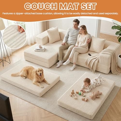 Modular Sectional Sofa, Boneless Convertible Oversized Sleeper Sofa Bed, Modern Tri-Folding Cloud Couch with L-Shape Chaise, Corduroy Futon Couches for Living Room Small Spaces Apartment,No Assembly - Thumbnail 4