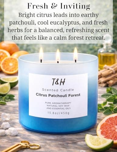 Citrus Patchouli Forest 3-Wick Soy Candle | 15.8 oz Large Scented Candle for Home | Clean Burn Long Lasting | Herbal Citrus Scent | Gift Ready - Thumbnail 2