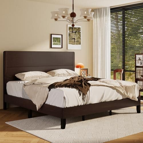 AMICLIBER Wood King Bed Frame, Platform Bed with Tall Headboard, Solid Wood Slat Support, Noise-Free Mattress Foundation, No Box Spring Needed, Easy Assembly, Brown - Thumbnail 3