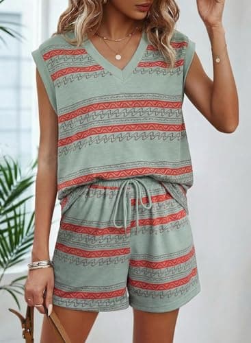 Dokotoo Women's Summer 2 Piece Outfits Geo Striped V-Neck Tank and Shorts Going Out Set Loose Fit Sleeveless Tops Tie Waist Shorts with Pockets Green Stripe X-Large - Thumbnail 3