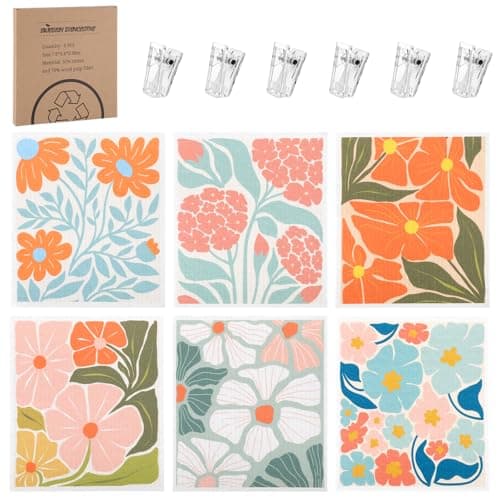 6 Pack Swedish Dishcloths for Kitchen,Abstract Floral Swedish Rags Dish Towels with Clips, Reusable Paper Towels Washable Absorbent Cellulose Sponge Cloths No Odor for Cleaning Home Sink Kitchen