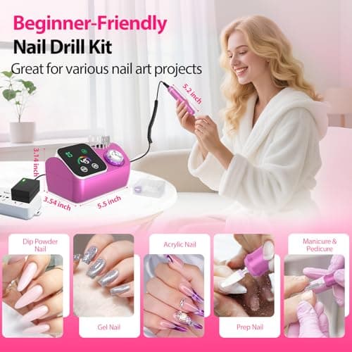 PYVOLA Professional Electric Nail Drill E-File Machine - 45,000 RPM Corded Nail Drills Kit with Low Noise & LED Display for Shaping, Removing & Polishing Acrylic Gel Nails for Salon Home - Thumbnail 6
