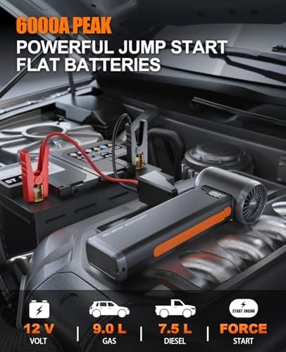 Portable Car Battery Jump Starter 6000A Jumper Box Combo Compressed Air Duster & Vacuum Cleaner Function, 12V Battery Charger Booster Power Pack with Turbo Fan, 3-Speed Blower for Snow/Leaves/Dust - Thumbnail 2
