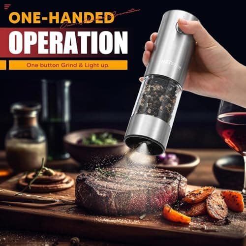 Electric Salt and Pepper Grinder Set with Charging Base - One Handed Automatic Spice Mill, Adjustable Coarseness Pepper Grinder, LED Light, Stainless Steel for Modern Kitchen & BBQ - Thumbnail 2