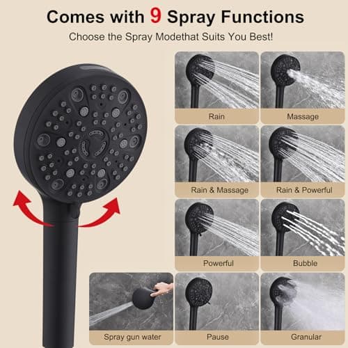 GAOZHIBST 12 Inch Rain Shower Head High Pressure Dual Shower Heads Rainfall Showerhead with 9 Sprays Handheld Spray Combo & 70"Long Fixed Showerheads Hose, Matte Black Bathroom Accessories - Thumbnail 3