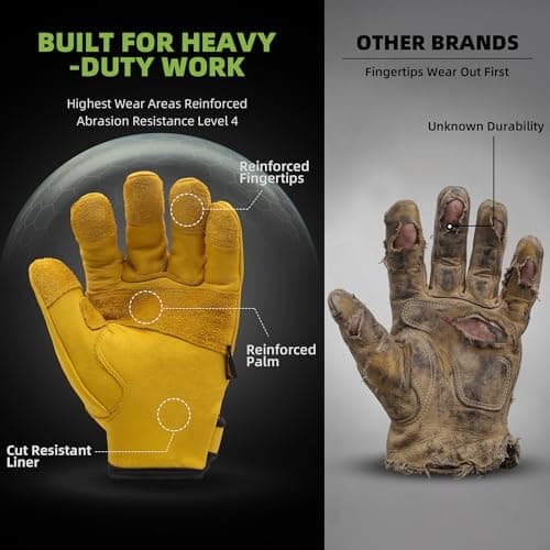 Schwer ANSI A9 Cut Resistant Leather Work Gloves, PM3401 Cut Proof Gloves, Reinforced Fingertips & Palm Cowhide Work Gloves for Construction, Welding, Metalwork, Woodwork& Outdoor Gardening Work, XL - Thumbnail 2