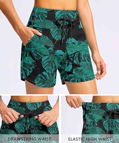Viodia Women's 5" High Waisted Swim Board Shorts Quick Dry Beach Shorts with Pockets UPF 50+ Swimsuit Bottoms with Liner Leaf XL - Thumbnail 4