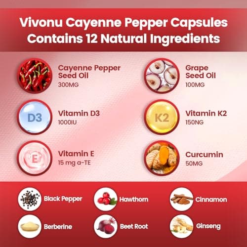 VivoNu Cayenne Pepper Softgels Supplement, Supports Leg Vein, Heart and Blood Vessel Health, with Vitamin E D3+K2 and Extracts of Grape Seed, Hawthorn, Beetroot, Berberine (Softgel / 1 Bag) - Thumbnail 2