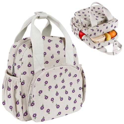 Easozoom Insulated Corduroy Lunch Bag for Teen Girl Kid Women, Large Lunch Box, Reusable Portable Leakproof Lunchbox for School Travel Office Picnic (Flower Purple)