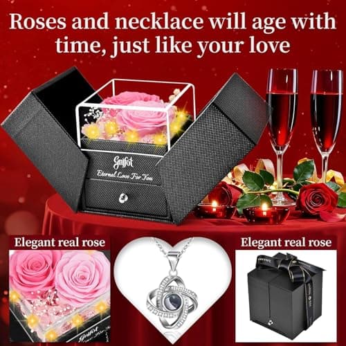 Gnifot 2 Preserved Rose Gift for Women - Eternal Rose with I Love You Necklace - Romantic Birthday Gifts for Girlfriend Mom Her Wife Grandma on Valentines Mothers Day Anniversary Christmas-Pink - Thumbnail 5
