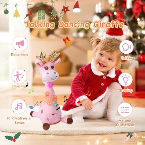 LUKETURE Dancing Talking Singing Pink Giraffe Stuffed Plush with Golden Antlers,Interactive Stuffed Animal Toy, Musical Plush with Record & Repeat, Sings 10 Songs, LED Lights - Thumbnail 2