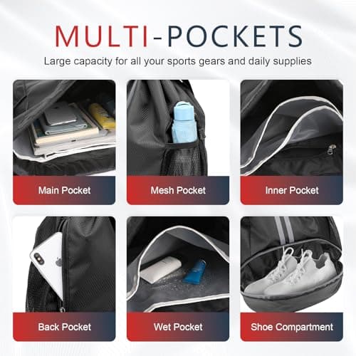 PinCute Drawstring Backpack for Women Men, Gym Bag for Soccer, Basketball, Swim, Beach, Water-Resistant Sports Backpack with Wet Pocket and Shoe Compartment, Black - Thumbnail 4