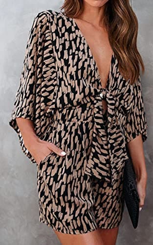 PRETTYGARDEN Women's Rompers And Jumpsuits Deep V-Neck Tie Sexy Rompers Summer Casual Oversized One Piece Jumpsuit Shorts (Brown, Small) - Thumbnail 2