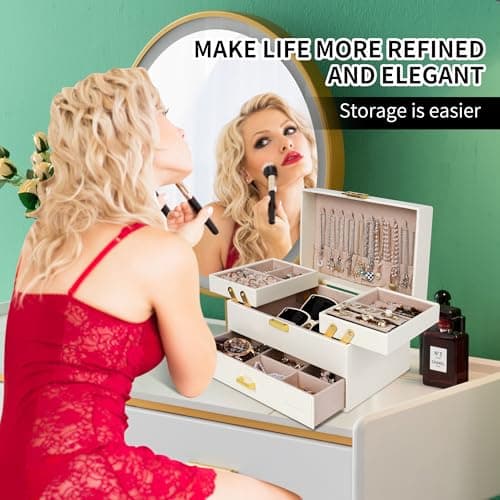 Dajasan Jewelry Box for Women, 3 Layers Large Jewelry Organizer Box, Jewelry Storage Case for Earring, Ring, Necklace, Bracelets (Cloud White + Gold) - Thumbnail 6