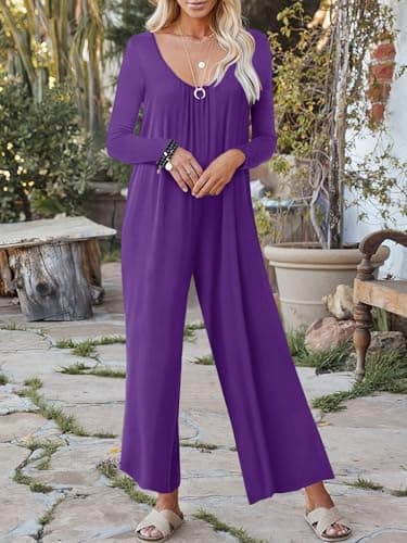 STOLKISS Long Sleeve Jumpsuit for Women Plus Stretchy Loose Fit Dressy V Neck Long Pants Rompers with Pockets 2024 Purple - Thumbnail 4