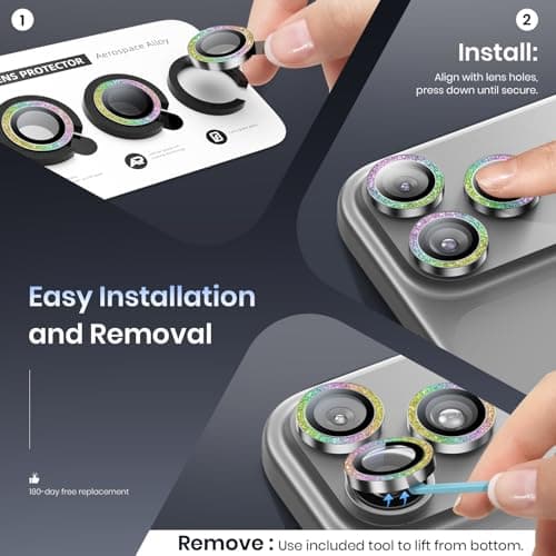 Hoerrye for iPhone 17 Pro Max/17 Pro Camera Lens Protector - [Top 9H+ Tempered Glass - 12FT Military Grade] HD Camera Screen Protector Cover Accessories Case Friendly,Bling Silver - Thumbnail 6