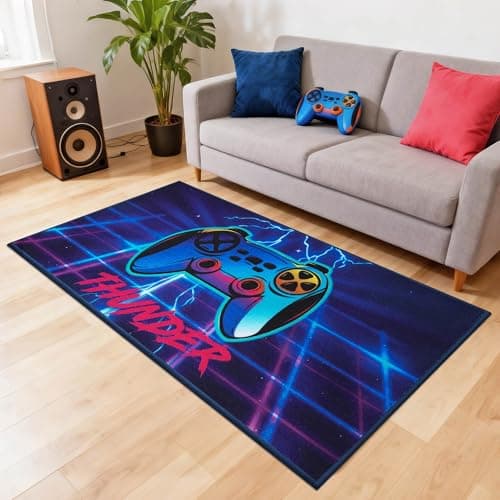 JSEI Gaming Rug for Kids Teens 32"x60", Video Game Kids Rug with Gamepad Controller Pattern, Non-Slip & Machine Washable Gaming Floor Carpet Mat for Playroom,Living Room&Bedroom, Blue - Thumbnail 3