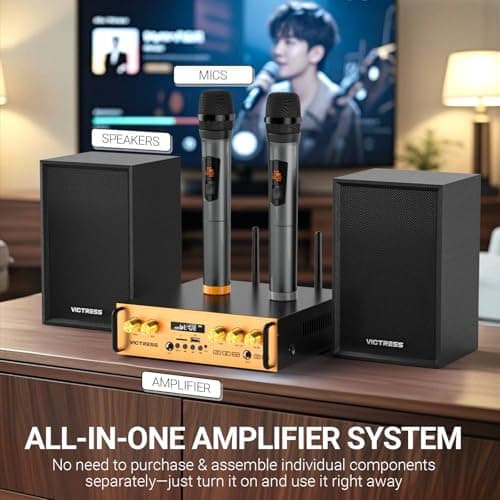 All-in-One 500W Power Amplifier for Home Audio, Bluetooth 5.0 with 2 HiFi Speaker&Wireless UHF Microphones, 2 Channel Stereo Amplifier Set for Home/Party/Music, USB/TF/AUX, Remote Control (Gold) - Thumbnail 3