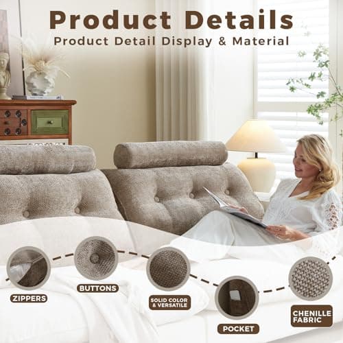 ZERALIVEN Headboard Pillow for Full – Chenille Large Triangular Wedge Pillow for Headboard Gap, Daybed and Couch Backrest, Reading and Sitting Up in Bed with Removable Washable Cover, Brown - Thumbnail 3
