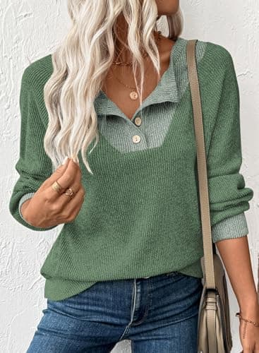 EVALESS Long Sleeve Shirts for Women Fall Clothes Casual Patchwork Button Up V Neck Oversized Sweatshirt Tops Mist Green X-Large - Thumbnail 4