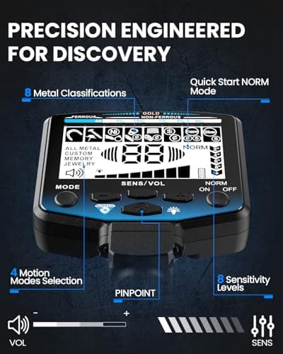 SuperEye Metal Detector for Adults Professional, Higher Accuracy Gold Silver Metal Detectors Kit, Intelligent NORM Mode for Beginner, 6 Modes, Advanced DSP Chip,10" Waterproof Coil, Larger LCD, Blue - Thumbnail 3