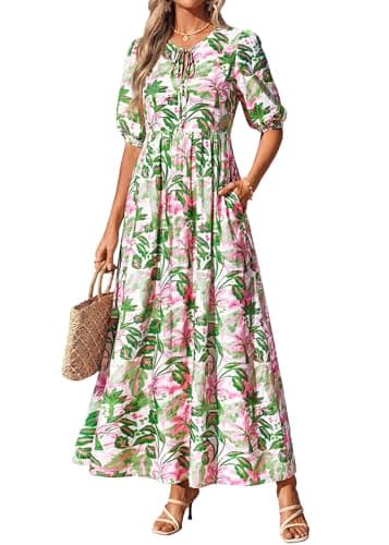 KIRUNDO Summer Dresses for Women 2026 Spring Wedding Guest Boho Floral 3/4 Sleeve Beach Vacation Cruise Flowy Maxi Dress(Green, Small) - Thumbnail 4