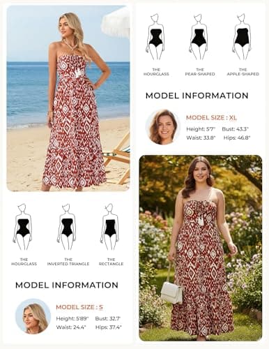 GRACE KARIN Strapless Floral Maxi Dress,Summer Casual Tube Top Boho Dresses,Beach Smocked Flowy Dress with Pockets Red L - Thumbnail 3