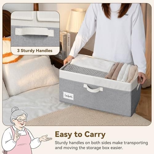 GRANNY SAYS Decorative Storage Boxes with Lids, Collapsible Large Closet Storage Bins with Label, Fabric Storage Bins for Clothes, White&Gray - Thumbnail 5