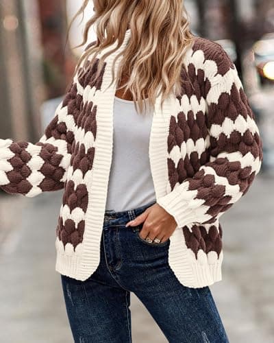 KIRUNDO Women's Cardigan Sweater 2026 Fall Winter Open Front Long Sleeve Cable Knit Color Block Striped Cardigan Casual Oversized Sweater Jacket Outwear(Coffee, Small) - Thumbnail 4