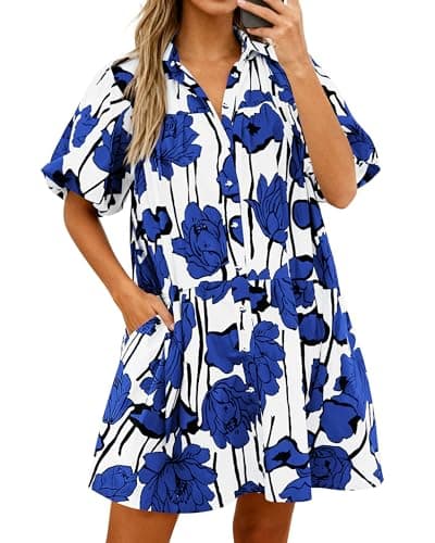 PRETTYGARDEN Womens Summer Dresses 2026 Casual Puff Sleeve Button Down Mini Shirt Dress Boho Floral Babydoll Sun Dress(Blue,XX-Large)