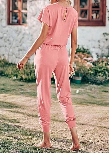 KIRUNDO Jumpsuits for Women Summer 2026 Casual Short Sleeve One Piece Outfits Drawstring Waist Long Pants Romper Jumpers(Light Pink, Small) - Thumbnail 6