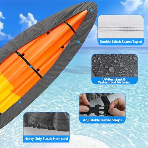 Kayak Cover Canoe Accessories, 13-15FT Waterproof Boat Tarp Shade Outdoor Oxford Storage Marine Cockpit Dust Cover UV Protection Ultra Strong Sunblock Shield for Fishing Boat Kayak Canoe (Gray) - Thumbnail 4