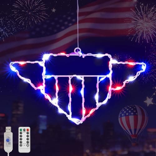 Luxspire 4th of July Decorations, Red White Blue American Medal Window Light, USB Powered 35 LEDs Independence Day Light with Remote, 8 Modes & Timer for Memorial Labor Day Home Decor, 1 Pack