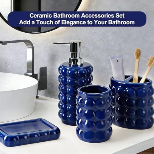 4 Piece Ceramic Bathroom Accessories Set –Soap Dispenser,Toothbrush Holder,Tumbler & Soap Dish,Includes Silicone Funnel,Non-Slip,Modern Farmhouse Countertop Organizer Set for Bathroom Decor, Navy Blue - Thumbnail 6