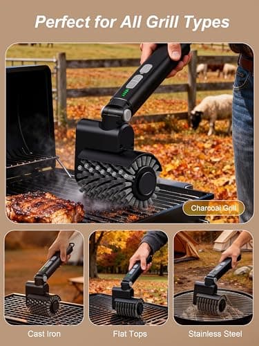 Aurviv Electric Grill Brush, 3-Speed Power Control Grill Brush for Outdoor Grill, Rechargeable BBQ Grill Brush, Cordless Grill Cleaning Brush with 2 Brush Head & Scouring Pad, Gifts for Men/Dad - Thumbnail 6