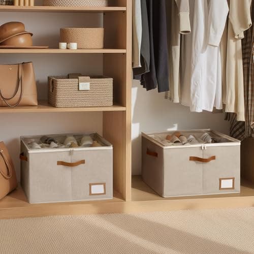 StorageWorks Shoe Organizer for Closet, 2 Pack Shoe Storage Boxes with Clear Lid, Stackable Shoe Storage Organizer for Sandals and Slippers, Fabric Shoe Bins for Closet, Holds 16–32 Pairs, Taupe - Thumbnail 5